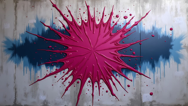 Magenta splash bursts from center—dripping into blue waveforms, it evokes motion, tension, and radiant defiance.
