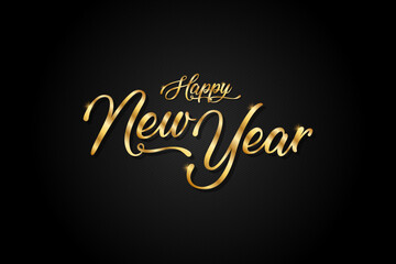 gold, happy new year hand-drawn, handwritten lettering on black background. calligraphy, typography, design vector illustration.