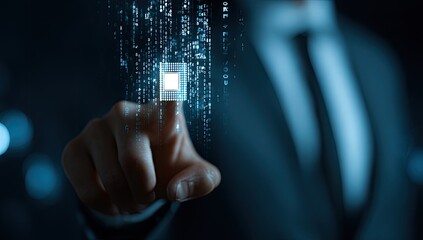 A hand touches a glowing digital interface