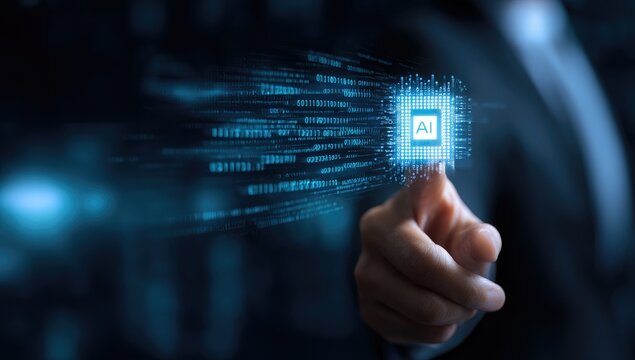 Person interacting with a digital AI chip graphic