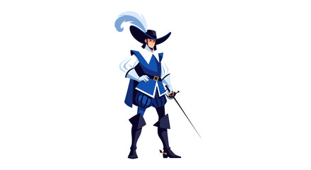 Cartoon Illustration of a Musketeer in Blue Uniform with Sword.