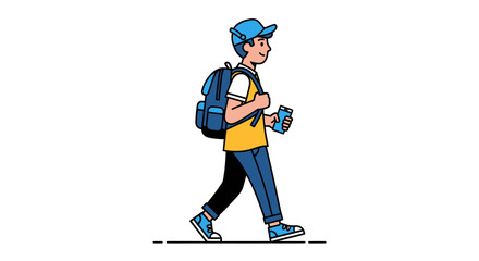 Obraz premium Young Man Walking with Blue Backpack and Cap Holding Item.