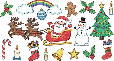 Vector art of christmas collection of santa, reindeer, snowman, tree, and gifts