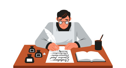 Concentrated Calligrapher with Quill Pen and Inkwells.