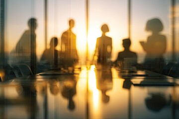 Blurred silhouettes of people in meeting at sunset