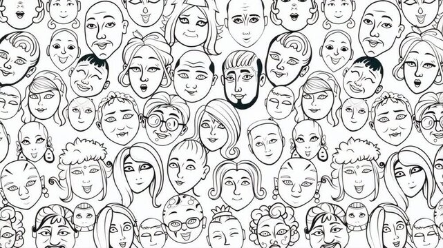 Hand drawn diverse people faces seamless pattern