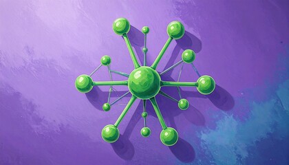 Stylized, green, molecular structure with spheres and connecting lines on purple backdrop
