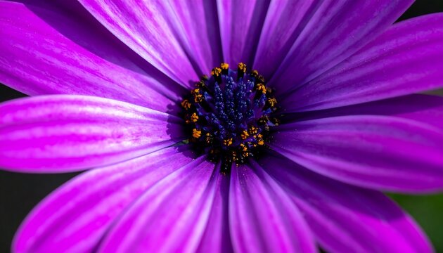 A close-up captures a vibrant purple flower with a dark center and golden anthers. Petals radiate from the core. Focus is sharp, showcasing the delicate details - Powered by Adobe