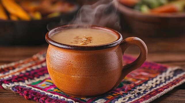 Steaming beverage in rustic mug on colorful textile