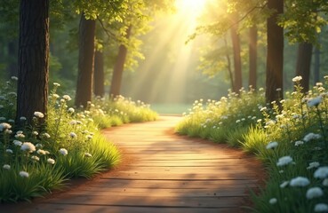 Fototapeta premium Wooden walkway curves through sunlit forest path lined with white wildflowers and green grass. Gentle sunbeams filter through trees, creating a peaceful natural scene.