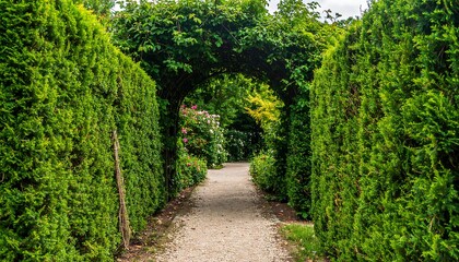 Garden path arched by lush greenery