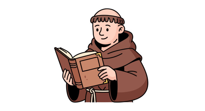 Cartoon Monk Reading a Book with Brown Robe and Tonsure Hairstyle.