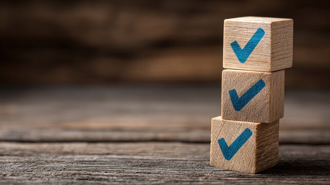 Three wooden blocks, each imprinted with a blue check mark, stacked vertically on a rustic wooden surface, conveying a sense of completion and success.
