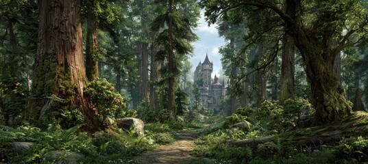 Obraz premium Lush forest path leading to a medieval castle