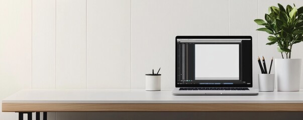 Fototapeta premium Laptop and Plant on Minimalist Desk, Workspace ,Homeoffice