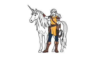 Fototapeta premium Fairytale Unicorn and Warrior Woman Illustration.