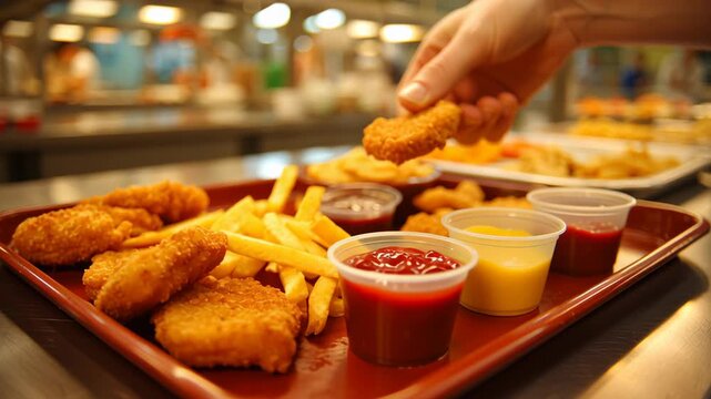 Chicken nugget french fry dipping sauce school canteen tray hand cafeteria lunch meal closeup fast food delicious snack golden brown casual dining