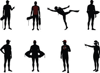Lifeguard silhouettes, rescue tube, red cap, beach patrol, water safety, whistle action, black vector art, lifeguard poses, swimming duty, emergency response