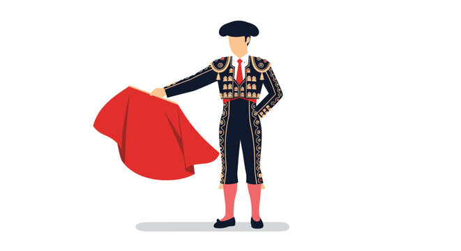 Spanish Matador in Traditional Suit Holding Red Cape Illustration.