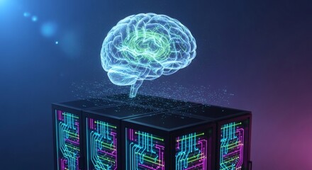 Harness the Power of AI with this futuristic brain over data servers, perfect for illustrating machine learning, data analysis, and cutting-edge technology concepts