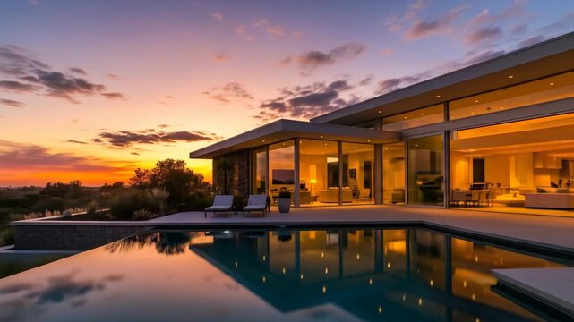 Luxury home reflects in swimming pool at scenic sunset landscape