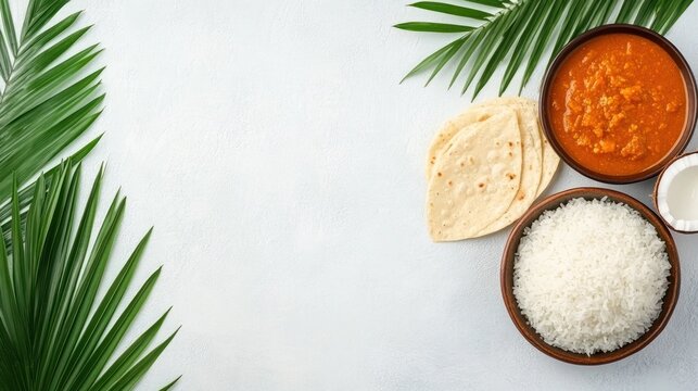 Exotic rice curry with flatbread and tropical leaves