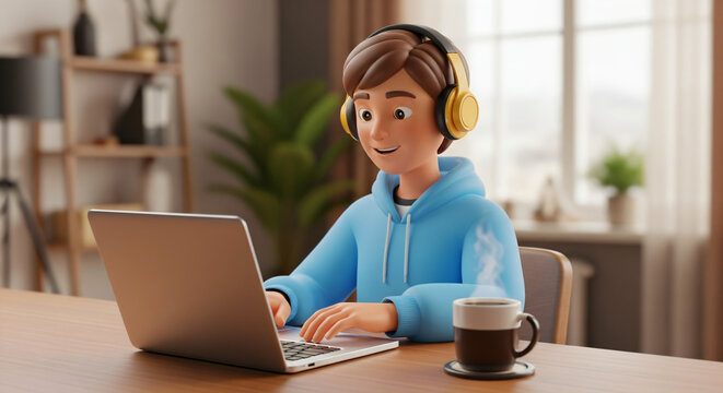A 3D rendered scene depicts a cartoon-style character sitting at a wooden table, actively typing on a laptop computer.