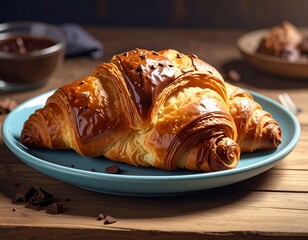 Close-up of a golden croissant on a teal plate