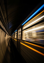 Fototapeta premium Dynamic Motion Blur of Subway Train in Tunnel