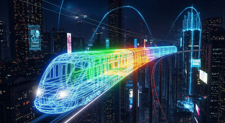 Futuristic Cyberpunk City with Neon Wireframe Train