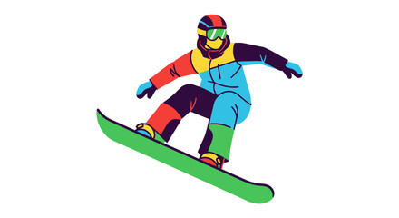 Fototapeta premium Dynamic Snowboarder in Colorful Gear on Green Board Illustration.