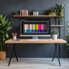 Fototapeta premium Modern Workspace Computer with Color Palette on Wooden Desk, Plants, Interior Design, Home Office