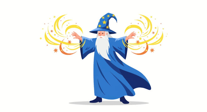 Elderly wizard in blue robe casting magical spells with glowing energy.