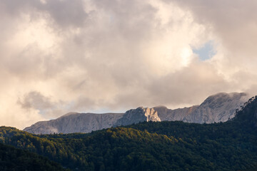 Cloudy sunset highlights majestic mountain range and forest in the evening light