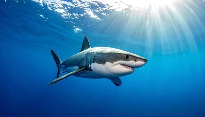 Naklejka premium A formidable great white shark gracefully navigates the sun-drenched azure waters of the open ocean, showcasing its power and beauty in its natural marine habitat