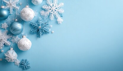 Festive Christmas decorations on a light blue background