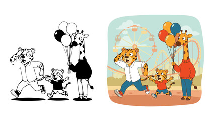 cheerful cartoon park scene, yellow jaguar character, giraffe with balloons, amusement park background, 