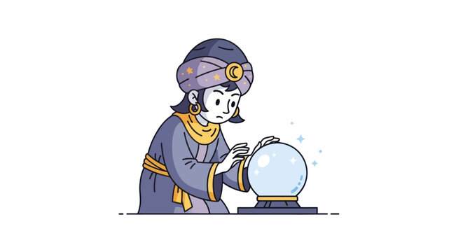 Cartoon fortune teller with turban and crystal ball gazing into the future.