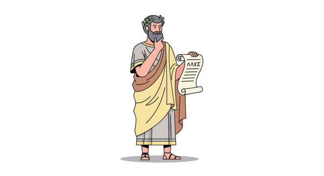 A thoughtful ancient Greek philosopher with a beard and laurel wreath holding a papyrus scroll.