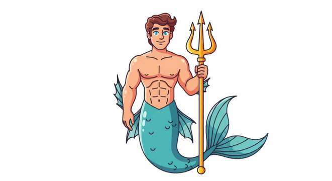 Handsome Cartoon Merman with Trident and Teal Tail.