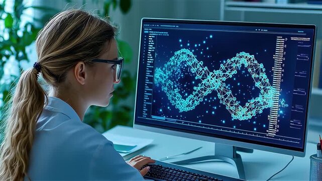 Genetic research DNA analysis bioinformatics data science lab computer scientist genome mapping with focused calm mood female scientist lab computer