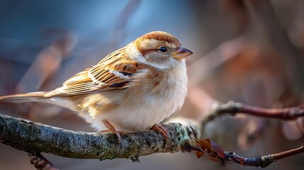 A charming sparrow perched on a lichencovered branch, its feathers a blend of brown and white, creating a serene and natural scene in the soft, diffused light