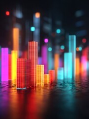 Colorful City Skyline in Glowing Neon Lights With Abstract Buildings and Reflections in Dark Setting During Nighttime