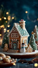 A charming gingerbread house stands amidst a festive christmas scene, adorned with delicate icing and miniature trees, evoking a sense of warmth and holiday cheer