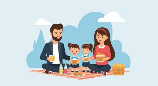 A happy cartoon family with a mother father and two twin daughters enjoying a picnic outdoors.