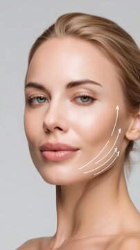 A woman with a smooth, youthful face with a white background. The woman's face is drawn with four arrows, which represent the contours of her face. Concept of beauty and perfection