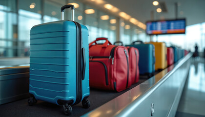 Colorful luggage lines up on airport conveyor belt near departure board. Blue, red, yellow bags wait for passengers, signifying travel, transit in terminal building. Automated system handles baggage.