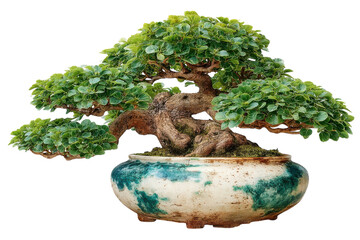 Artistic bonsai tree with lush green leaves in a decorative ceramic pot against a on transparent background