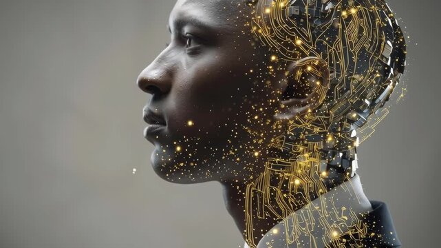 A man's face is made of computer-generated circuitry. Concept of technology and artificial intelligence
