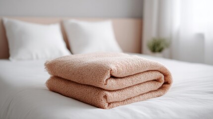 Soft, folded peach blanket rests on a neatly made bed with white linens and plush pillows, creating a cozy and inviting atmosphere for relaxation and comfort